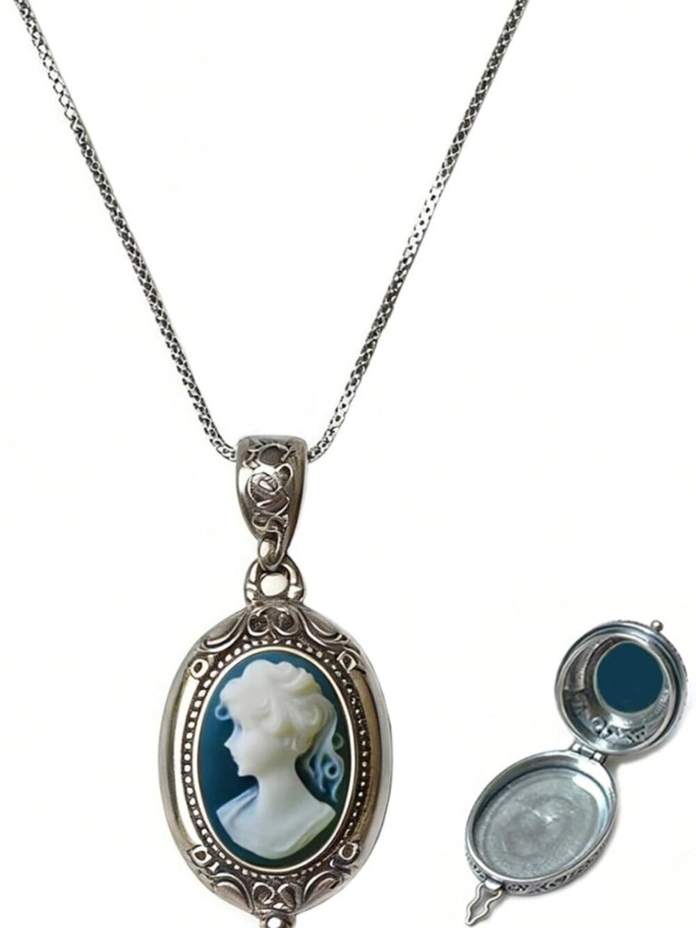 Vintage Cameo Locket Necklace for Women, Secret Compartment Perfume & Pillbox